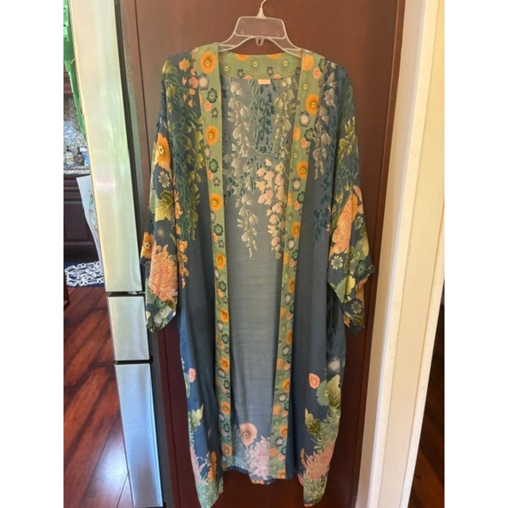 Powder Floral Kimono Duster Women M Blue Good Wisteria Chrysanthemum Pocket - Picture 7 of 7